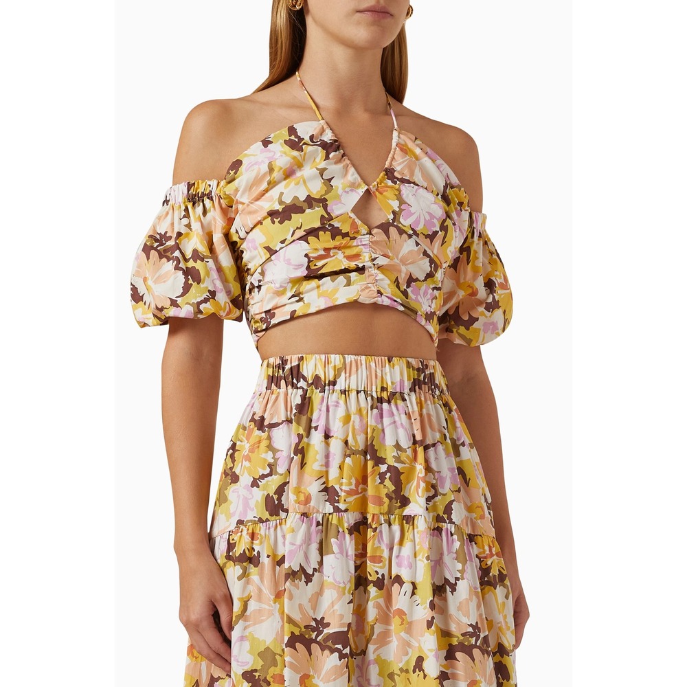 Boho Cottage Floral Crop Top Size L NWT Colorful Puff Sleeve Halter Vacation